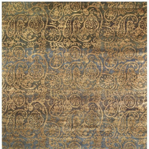9' X 12' Brown Gold And Blue Wool Paisley Hand Knotted Area Rug