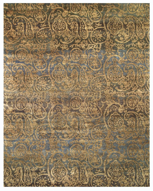 9' X 12' Brown Gold And Blue Wool Paisley Hand Knotted Area Rug