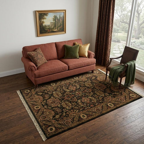 8' X 10' Taupe Green And Red Wool Oriental Hand Knotted Area Rug With Fringe