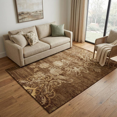9' X 12' Brown Tan And Ivory Floral Hand Knotted Area Rug