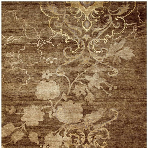 9' X 12' Brown Tan And Ivory Floral Hand Knotted Area Rug