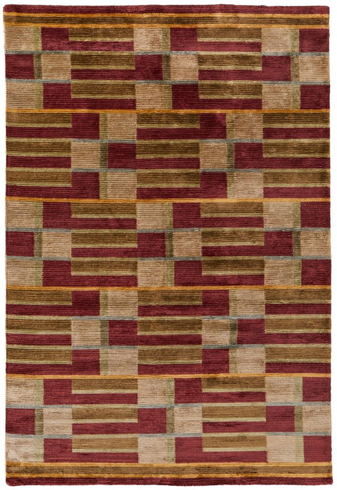 9' X 12' Gold Green And Red Striped Hand Knotted Area Rug