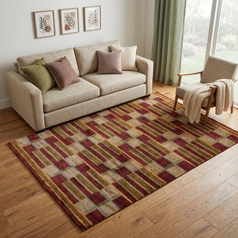 9' X 12' Gold Green And Red Striped Hand Knotted Area Rug