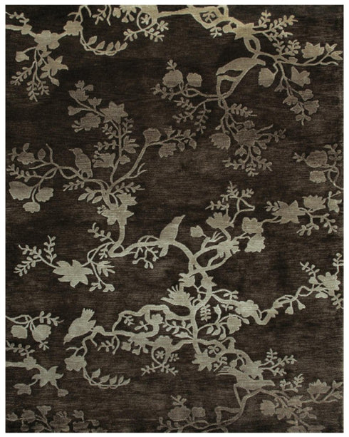 9' X 12' Brown And Silver Wool Floral Hand Knotted Area Rug