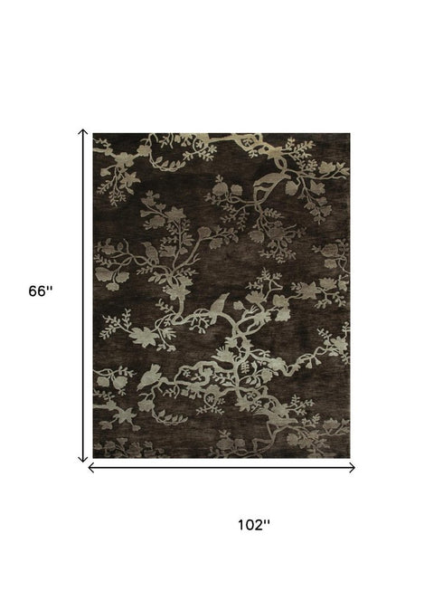 9' X 12' Brown And Silver Wool Floral Hand Knotted Area Rug