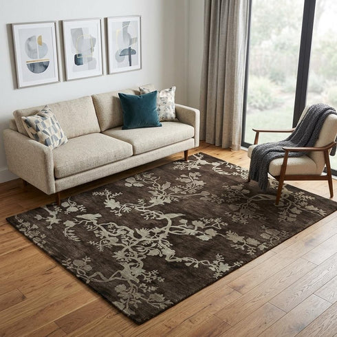9' X 12' Brown And Silver Wool Floral Hand Knotted Area Rug