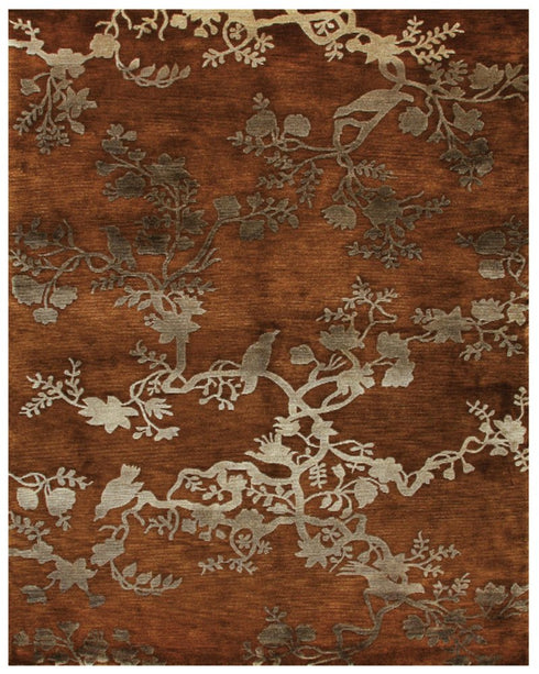 9' X 12' Brown And Silver Wool Floral Hand Knotted Area Rug