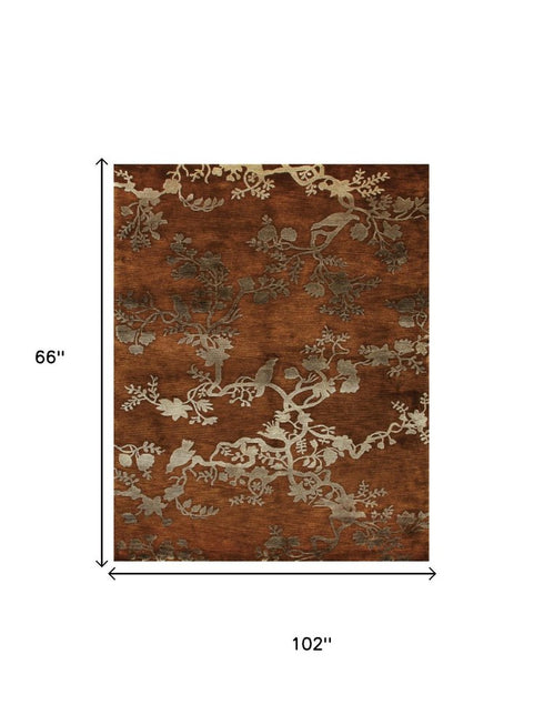 9' X 12' Brown And Silver Wool Floral Hand Knotted Area Rug