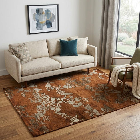 9' X 12' Brown And Silver Wool Floral Hand Knotted Area Rug