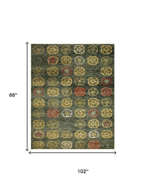 8' X 10' Yellow Green And Orange Floral Hand Knotted Area Rug