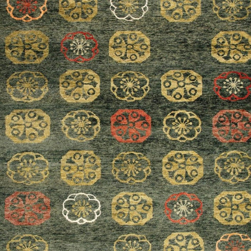 8' X 10' Yellow Green And Orange Floral Hand Knotted Area Rug