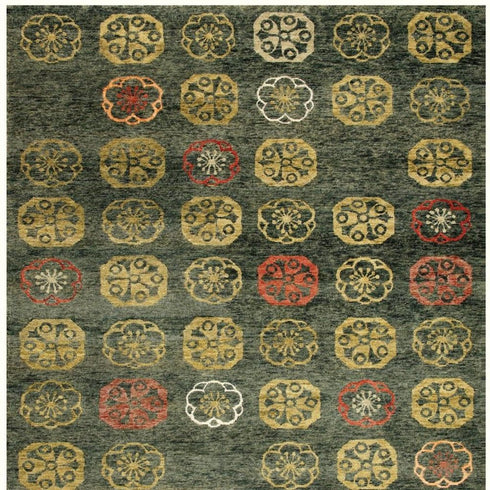 8' X 10' Yellow Green And Orange Floral Hand Knotted Area Rug