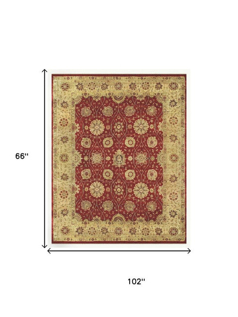 5' X 8' Red And Gold Wool Oriental Hand Knotted Area Rug