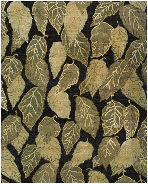 5' X 8' Black Green And Ivory Floral Hand Knotted Area Rug