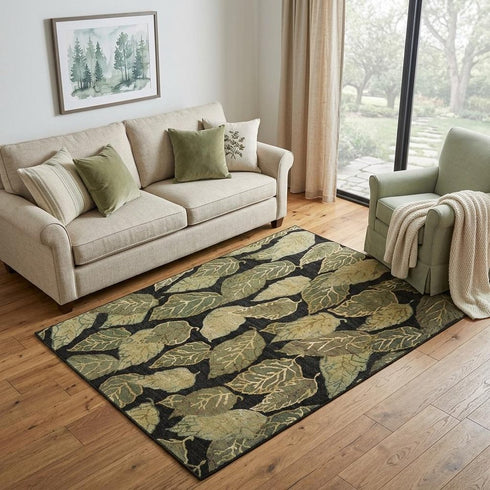 5' X 8' Black Green And Ivory Floral Hand Knotted Area Rug