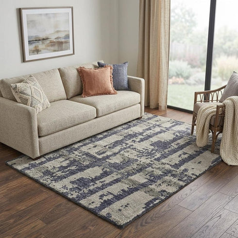 5' X 8' Blue Gray And Taupe Wool Abstract Hand Knotted Area Rug