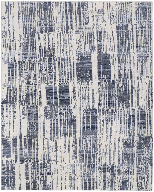 5' X 8' Ivory And Blue Wool Abstract Hand Knotted Area Rug With Fringe