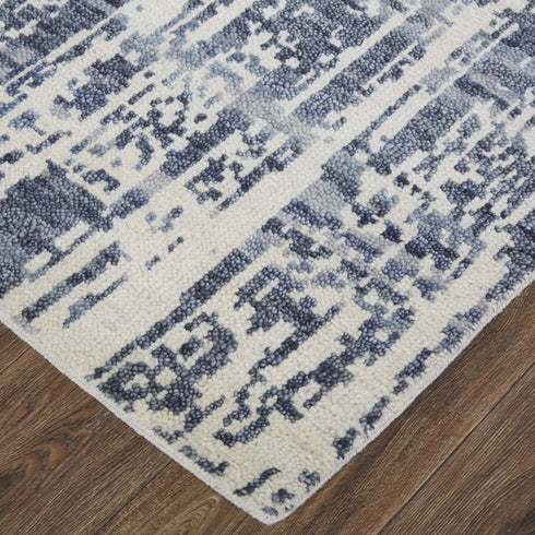 5' X 8' Ivory And Blue Wool Abstract Hand Knotted Area Rug With Fringe