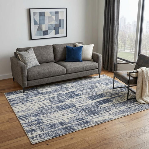 5' X 8' Ivory And Blue Wool Abstract Hand Knotted Area Rug With Fringe