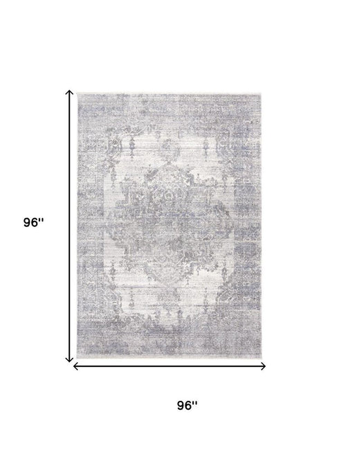 8' Gray Ivory And Taupe Oriental Area Rug With Fringe