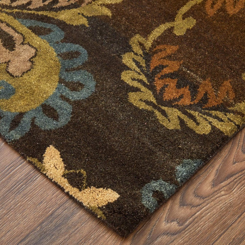 9' X 12' Brown Tan And Green Wool Floral Hand Knotted Area Rug