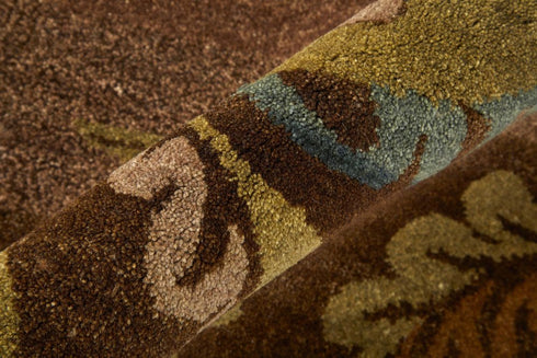9' X 12' Brown Tan And Green Wool Floral Hand Knotted Area Rug