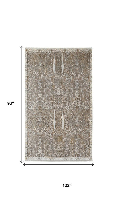 8' X 11' Ivory Taupe And Gold Floral Area Rug With Fringe