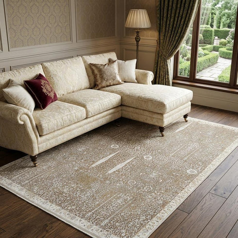 8' X 11' Ivory Taupe And Gold Floral Area Rug With Fringe