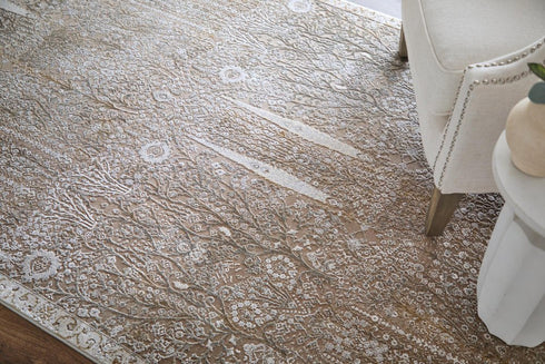 8' X 11' Ivory Taupe And Gold Floral Area Rug With Fringe
