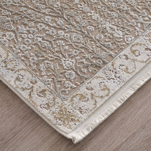 8' X 11' Ivory Taupe And Gold Floral Area Rug With Fringe