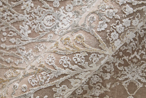 8' X 11' Ivory Taupe And Gold Floral Area Rug With Fringe