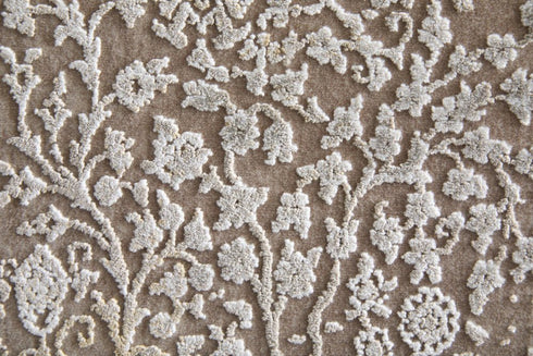 8' X 11' Ivory Taupe And Gold Floral Area Rug With Fringe