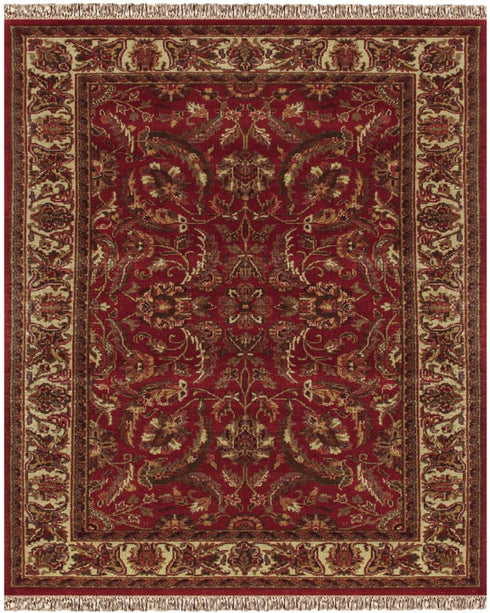 8' X 10' Red Ivory And Gold Wool Oriental Hand Knotted Area Rug With Fringe