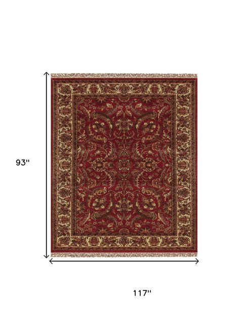 8' X 10' Red Ivory And Gold Wool Oriental Hand Knotted Area Rug With Fringe