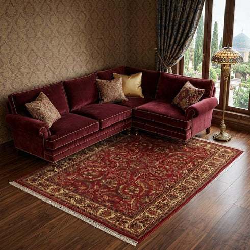 8' X 10' Red Ivory And Gold Wool Oriental Hand Knotted Area Rug With Fringe