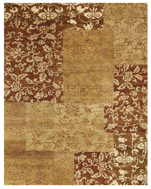 9' X 12' Gold And Brown Patchwork Hand Knotted Area Rug