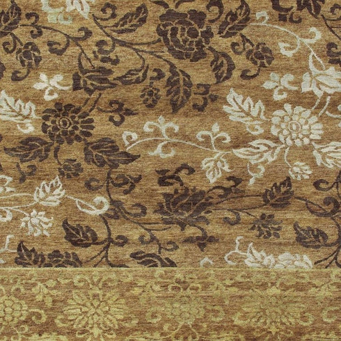 9' X 12' Brown Gold And Tan Floral Hand Knotted Area Rug