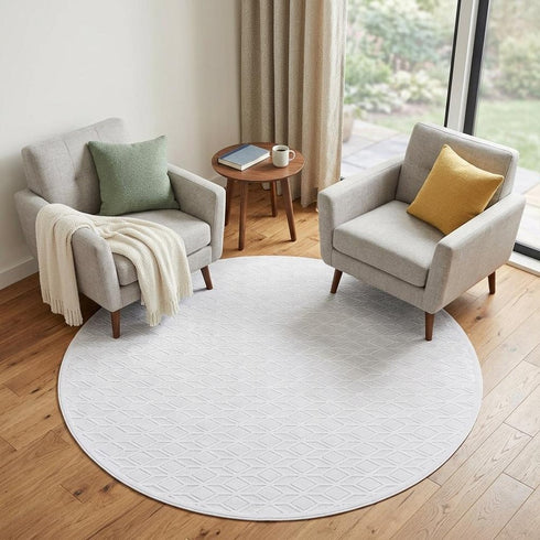 7' White And Gray Geometric Round Rug