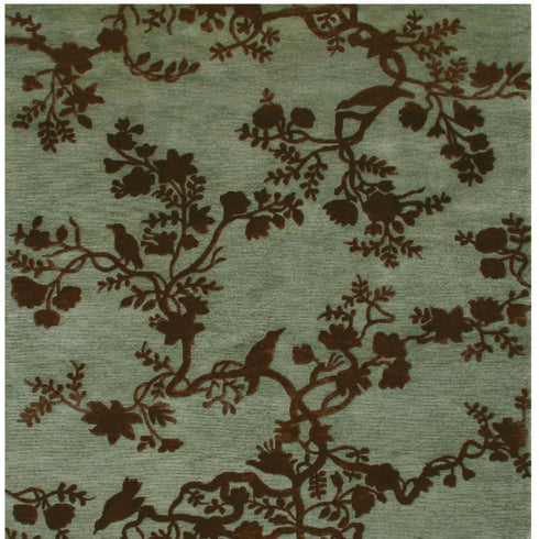 9' X 12' Brown And Silver Wool Floral Hand Knotted Area Rug