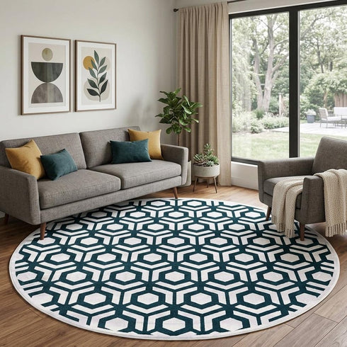 8' Blue Green And White Geometric Round Rug