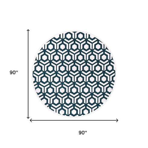 8' Blue Green And White Geometric Round Rug