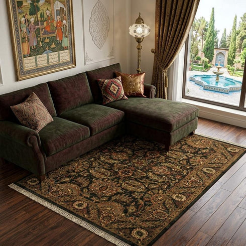 8' X 10' Taupe Green And Red Wool Oriental Hand Knotted Area Rug With Fringe