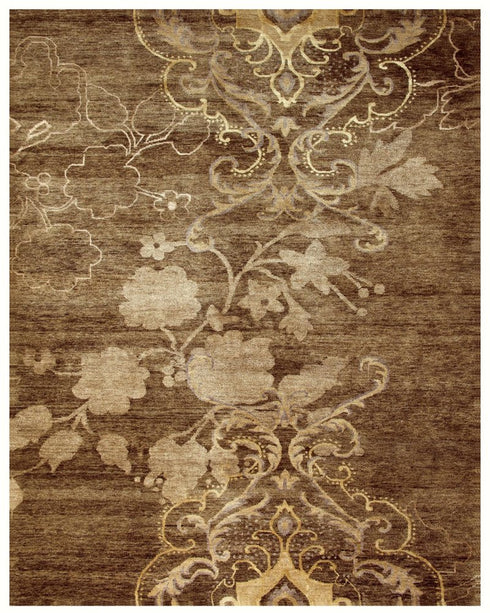9' X 12' Brown Tan And Ivory Floral Hand Knotted Area Rug