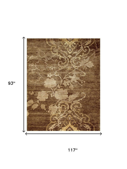 9' X 12' Brown Tan And Ivory Floral Hand Knotted Area Rug