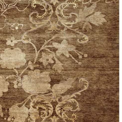 9' X 12' Brown Tan And Ivory Floral Hand Knotted Area Rug