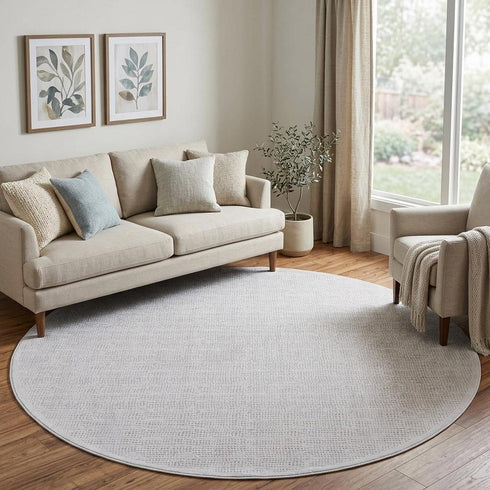 8' Pink And White Abstract Round Rug