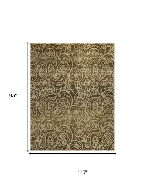 9' X 12' Brown Gold And Blue Wool Paisley Hand Knotted Area Rug