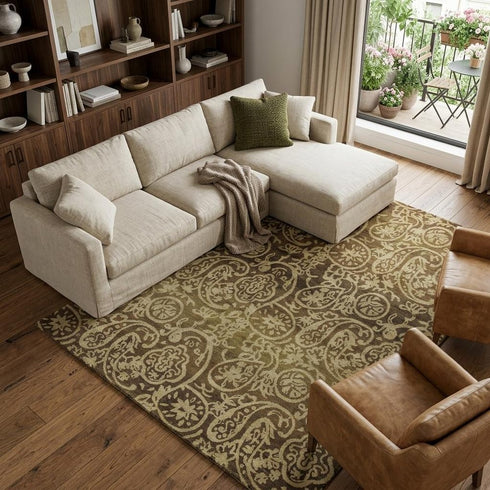 9' X 12' Brown Gold And Blue Wool Paisley Hand Knotted Area Rug