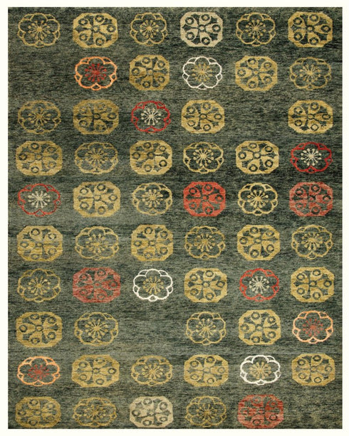 8' X 10' Yellow Green And Orange Floral Hand Knotted Area Rug