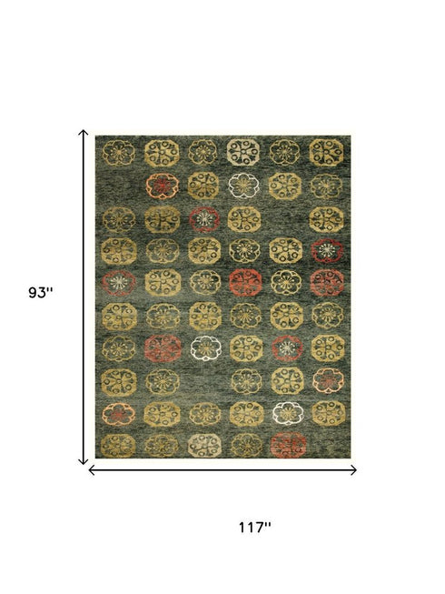 8' X 10' Yellow Green And Orange Floral Hand Knotted Area Rug